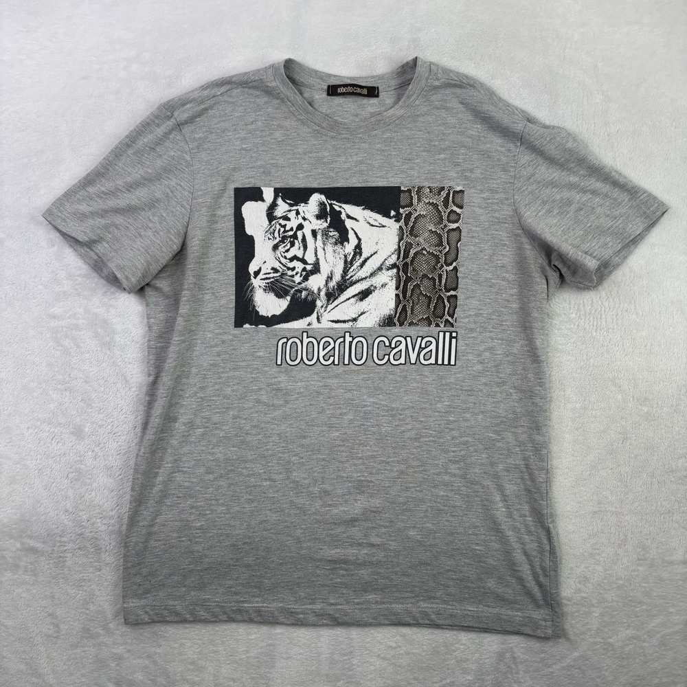 Roberto Cavalli Tiger Snake Skin Graphic Grey Short Sleeve Shirt Women's XXL